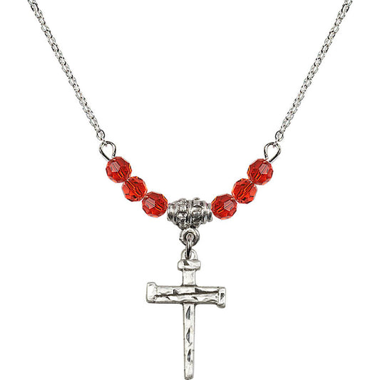 Sterling Silver Nail Cross Birthstone Necklace with Ruby Beads - 0012