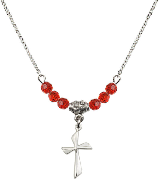Sterling Silver Cross Birthstone Necklace with Ruby Beads - 0016