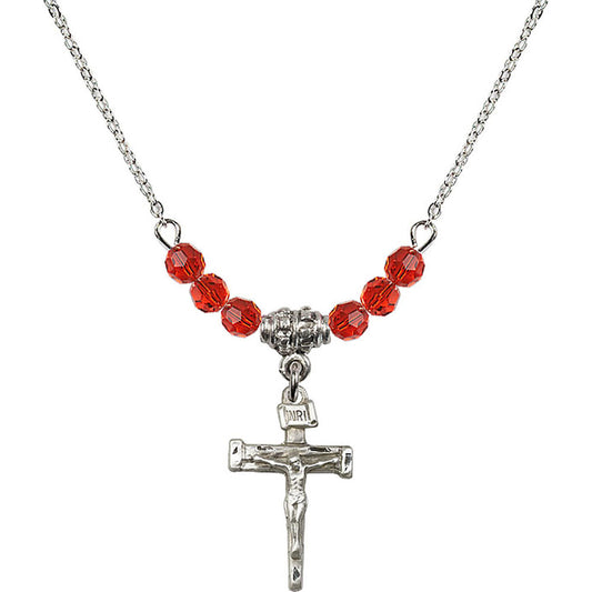 Sterling Silver Nail Crucifix Birthstone Necklace with Ruby Beads - 0072