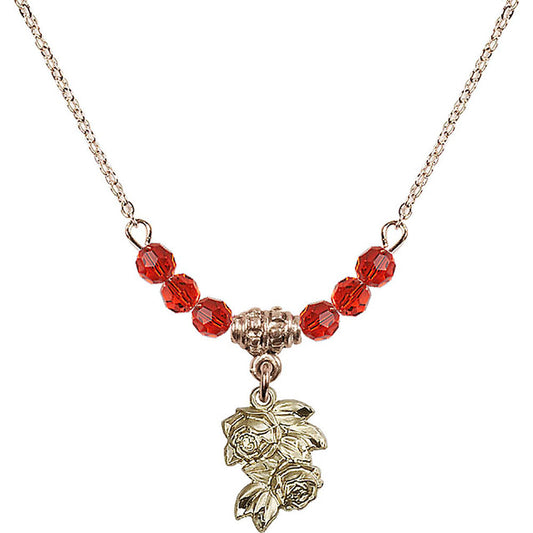 14kt Gold Filled Rose Birthstone Necklace with Ruby Beads - 0204