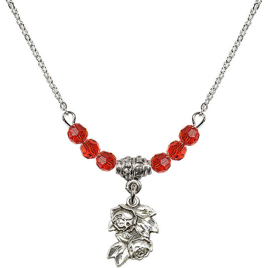 Sterling Silver Rose Birthstone Necklace with Ruby Beads - 0204