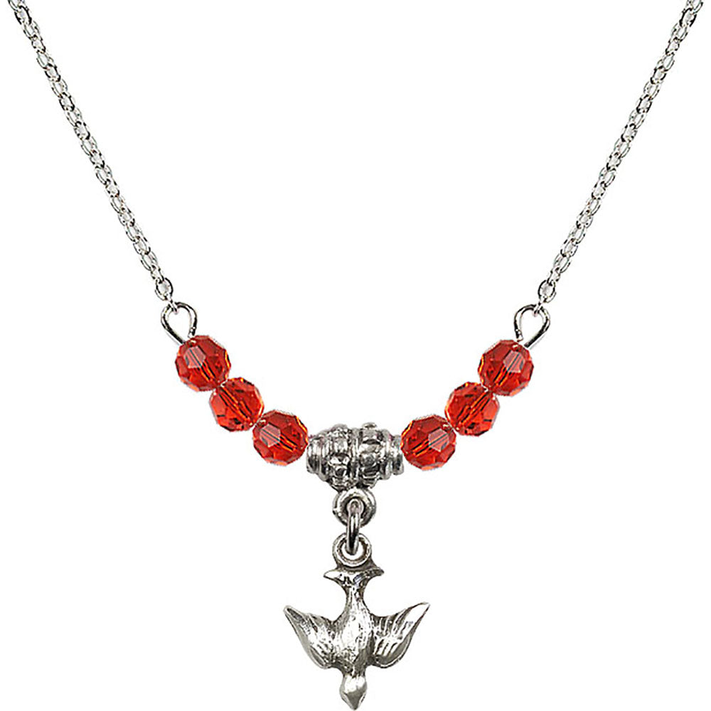 Sterling Silver Holy Spirit Birthstone Necklace with Ruby Beads - 0208