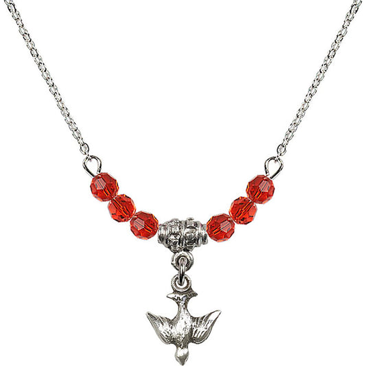 Sterling Silver Holy Spirit Birthstone Necklace with Ruby Beads - 0208