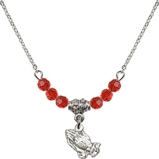 Sterling Silver Praying Hands Birthstone Necklace with Ruby Beads - 0220