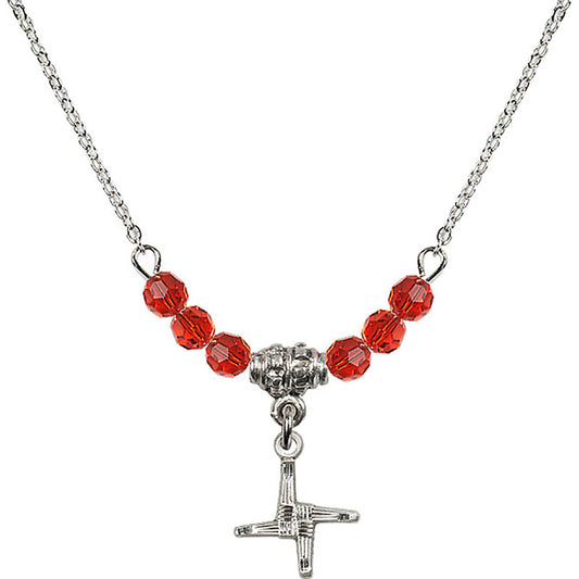 Sterling Silver Saint Brigid Cross Birthstone Necklace with Ruby Beads - 0291