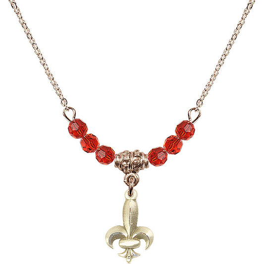 14kt Gold Filled Fleur de Lis Birthstone Necklace with Ruby Beads - 0293