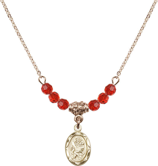 14kt Gold Filled Saint Christopher Birthstone Necklace with Ruby Beads - 0301