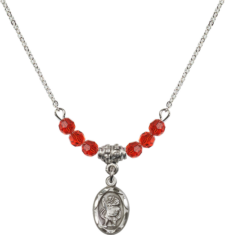 Sterling Silver Saint Christopher Birthstone Necklace with Ruby Beads - 0301