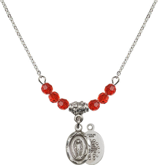 Sterling Silver Miraculous Birthstone Necklace with Ruby Beads - 0301