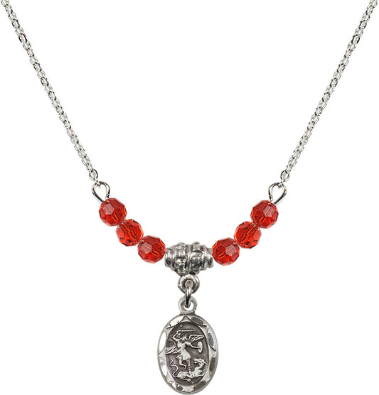 Sterling Silver Saint Michael the Archangel Birthstone Necklace with Ruby Beads - 0301