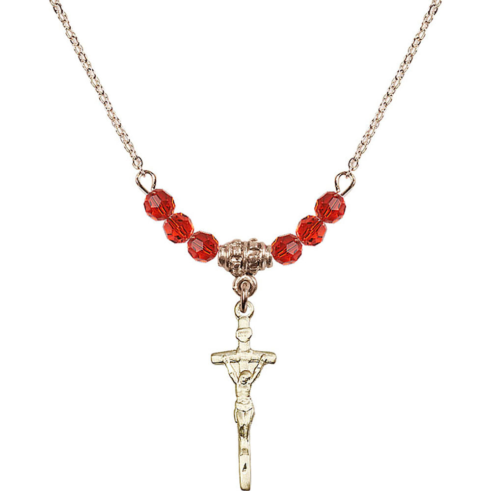 14kt Gold Filled Papal Crucifix Birthstone Necklace with Ruby Beads - 0563