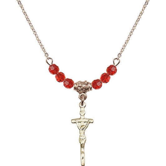 14kt Gold Filled Papal Crucifix Birthstone Necklace with Ruby Beads - 0563