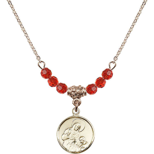 14kt Gold Filled Saint Ann Birthstone Necklace with Ruby Beads - 0601