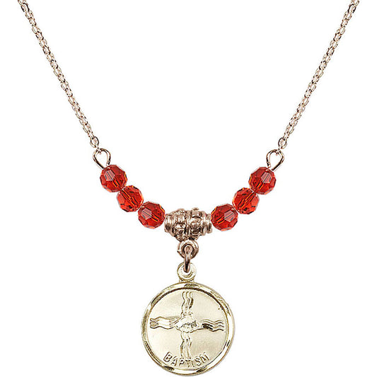 14kt Gold Filled Baptism Birthstone Necklace with Ruby Beads - 0601