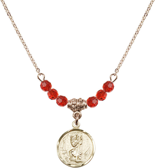 14kt Gold Filled Saint Christopher Birthstone Necklace with Ruby Beads - 0601