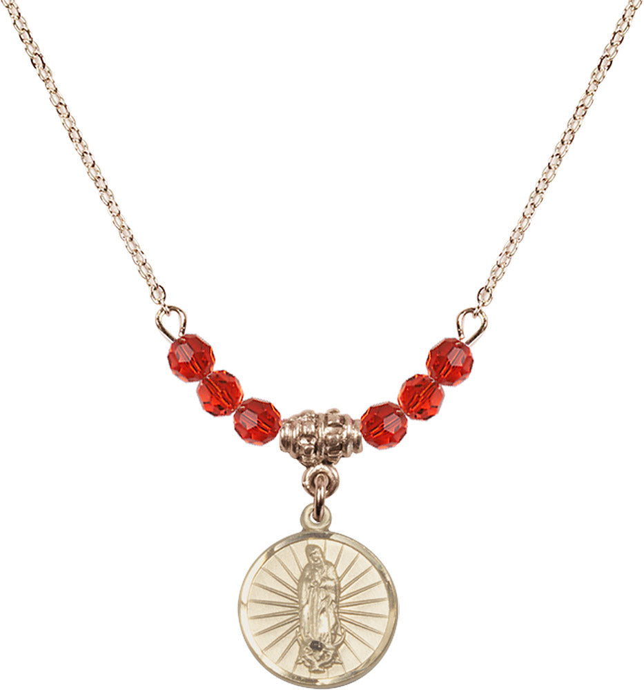 14kt Gold Filled Our Lady of Guadalupe Birthstone Necklace with Ruby Beads - 0601