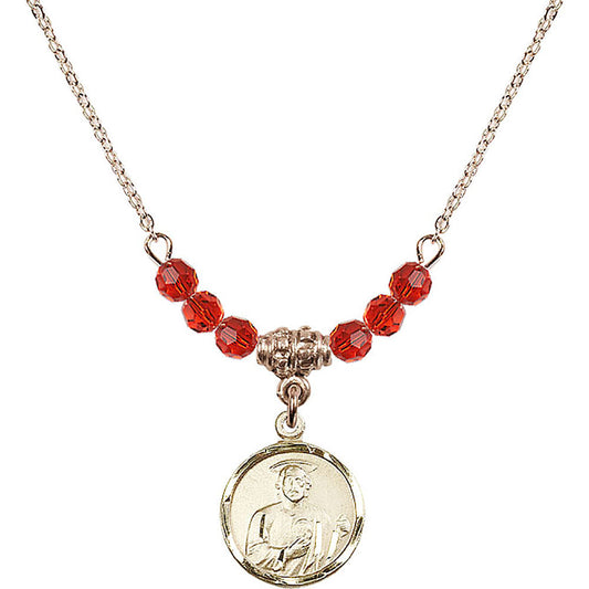 14kt Gold Filled Saint Jude Birthstone Necklace with Ruby Beads - 0601