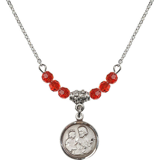 Sterling Silver Saint Joseph Birthstone Necklace with Ruby Beads - 0601