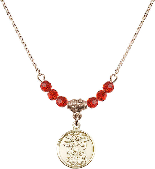 14kt Gold Filled Saint Michael the Archangel Birthstone Necklace with Ruby Beads - 0601