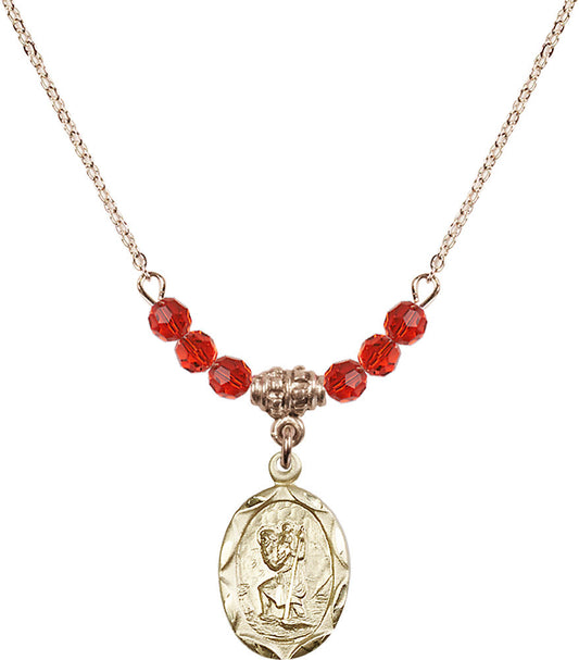 14kt Gold Filled Saint Christopher Birthstone Necklace with Ruby Beads - 0612