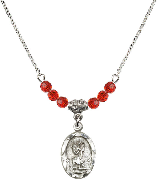 Sterling Silver Saint Christopher Birthstone Necklace with Ruby Beads - 0612