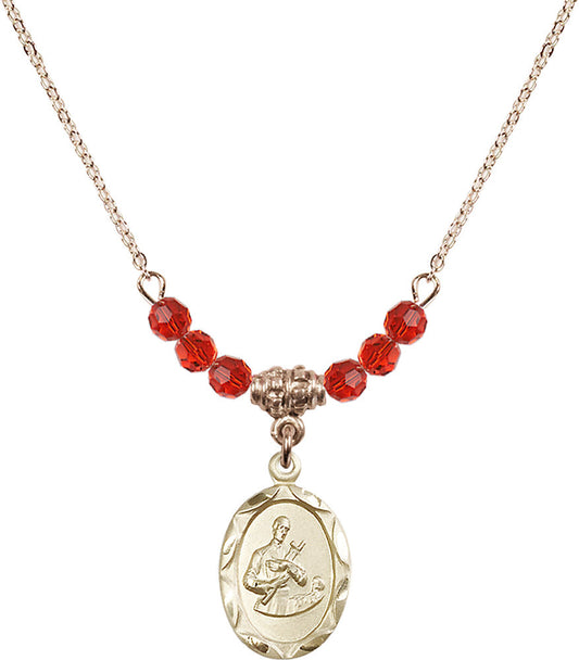 14kt Gold Filled Saint Gerard Birthstone Necklace with Ruby Beads - 0612