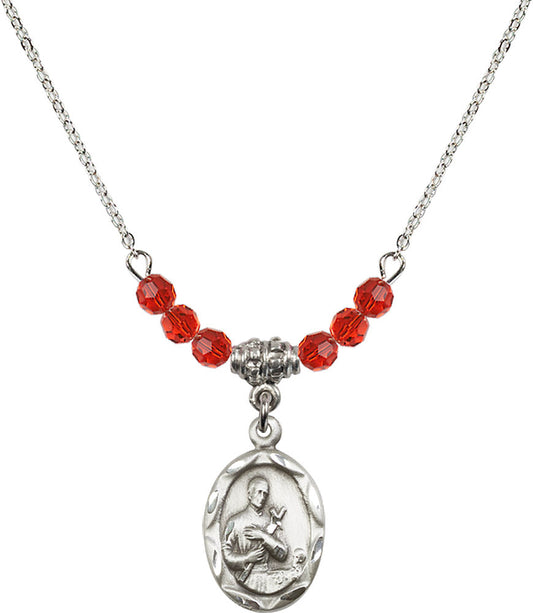 Sterling Silver Saint Gerard Birthstone Necklace with Ruby Beads - 0612