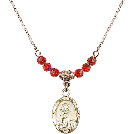 14kt Gold Filled Saint Jude Birthstone Necklace with Ruby Beads - 0612