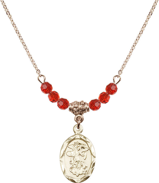14kt Gold Filled Saint Michael the Archangel Birthstone Necklace with Ruby Beads - 0612
