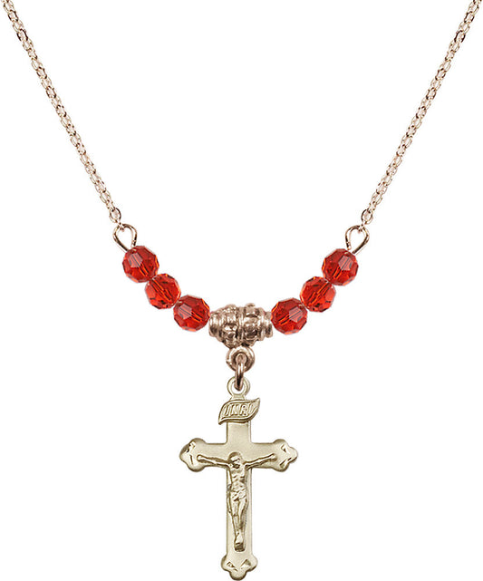 14kt Gold Filled Crucifix Birthstone Necklace with Ruby Beads - 0669