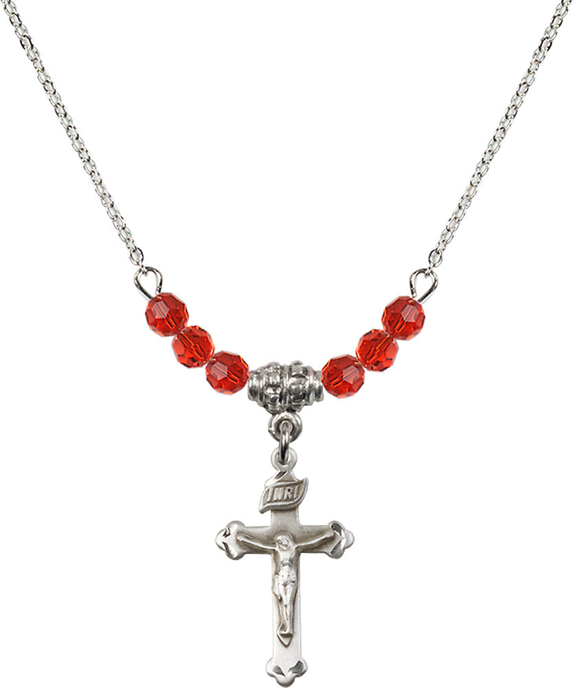 Sterling Silver Crucifix Birthstone Necklace with Ruby Beads - 0669