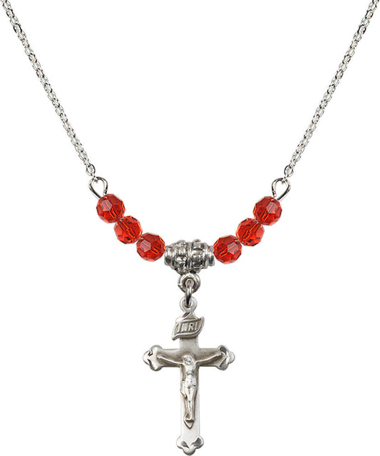 Sterling Silver Crucifix Birthstone Necklace with Ruby Beads - 0669