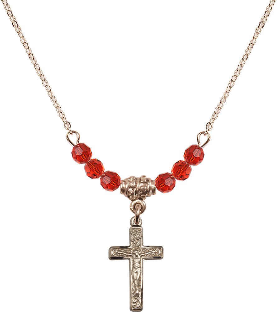 14kt Gold Filled Crucifix Birthstone Necklace with Ruby Beads - 0672