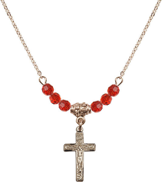 14kt Gold Filled Crucifix Birthstone Necklace with Ruby Beads - 0672