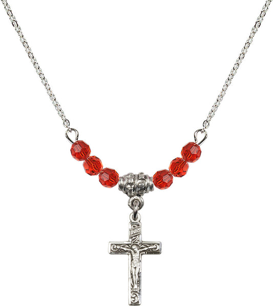 Sterling Silver Crucifix Birthstone Necklace with Ruby Beads - 0672