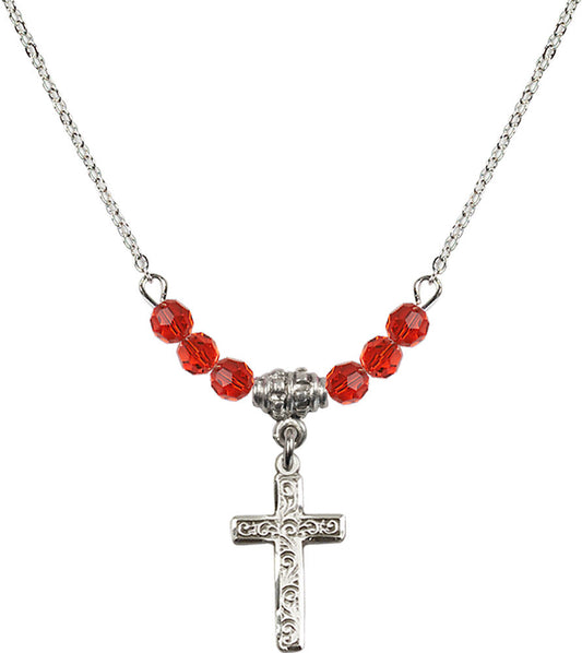 Sterling Silver Cross Birthstone Necklace with Ruby Beads - 0672