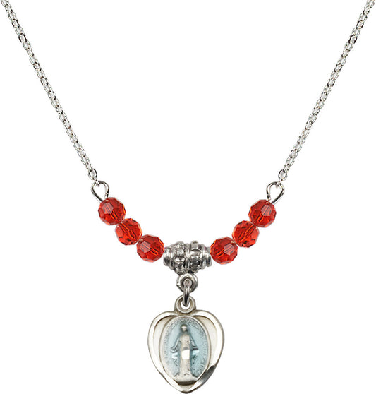 Sterling Silver Miraculous Birthstone Necklace with Ruby Beads - 0706