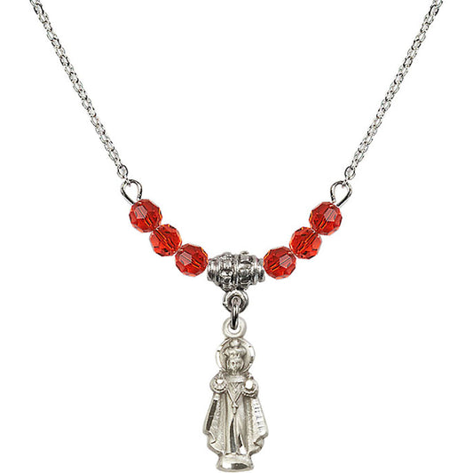 Sterling Silver Infant of Prague Birthstone Necklace with Ruby Beads - 0823