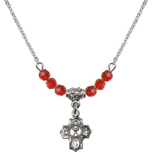 Sterling Silver Communion 5-Way Birthstone Necklace with Ruby Beads - 0890
