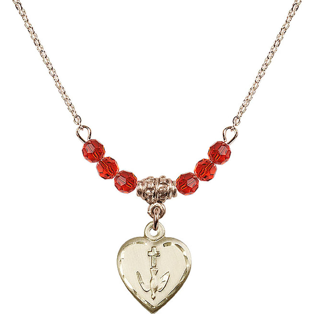 14kt Gold Filled Heart / Confirmation Birthstone Necklace with Ruby Beads - 0891