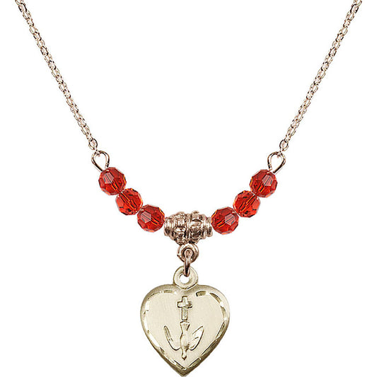 14kt Gold Filled Heart / Confirmation Birthstone Necklace with Ruby Beads - 0891