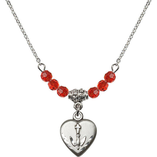 Sterling Silver Heart / Confirmation Birthstone Necklace with Ruby Beads - 0891