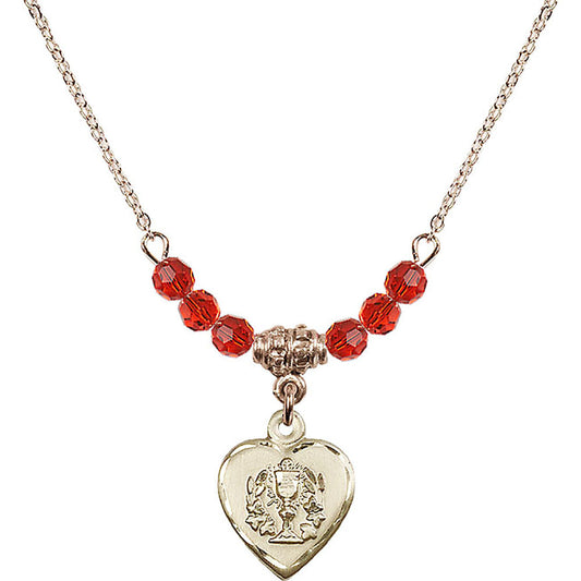 14kt Gold Filled Heart / Communion Birthstone Necklace with Ruby Beads - 0892
