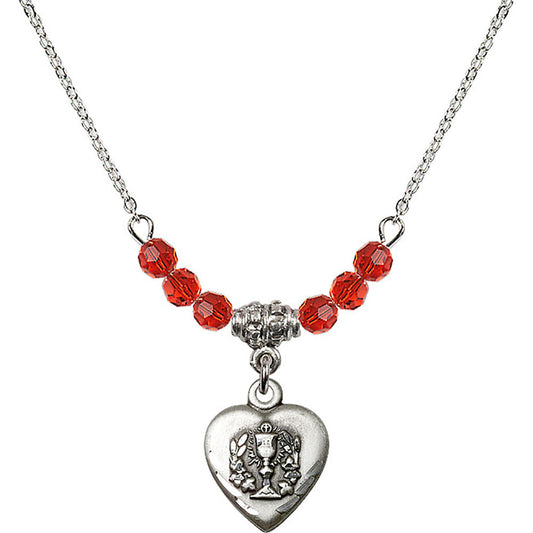 Sterling Silver Heart / Communion Birthstone Necklace with Ruby Beads - 0892