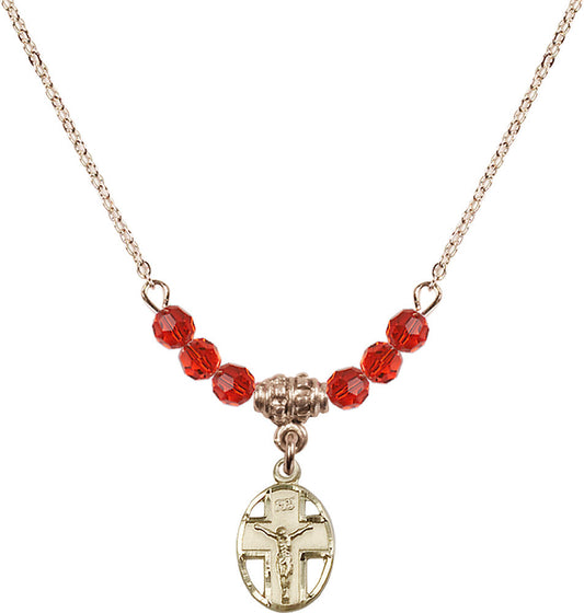 14kt Gold Filled Crucifix Birthstone Necklace with Ruby Beads - 0978