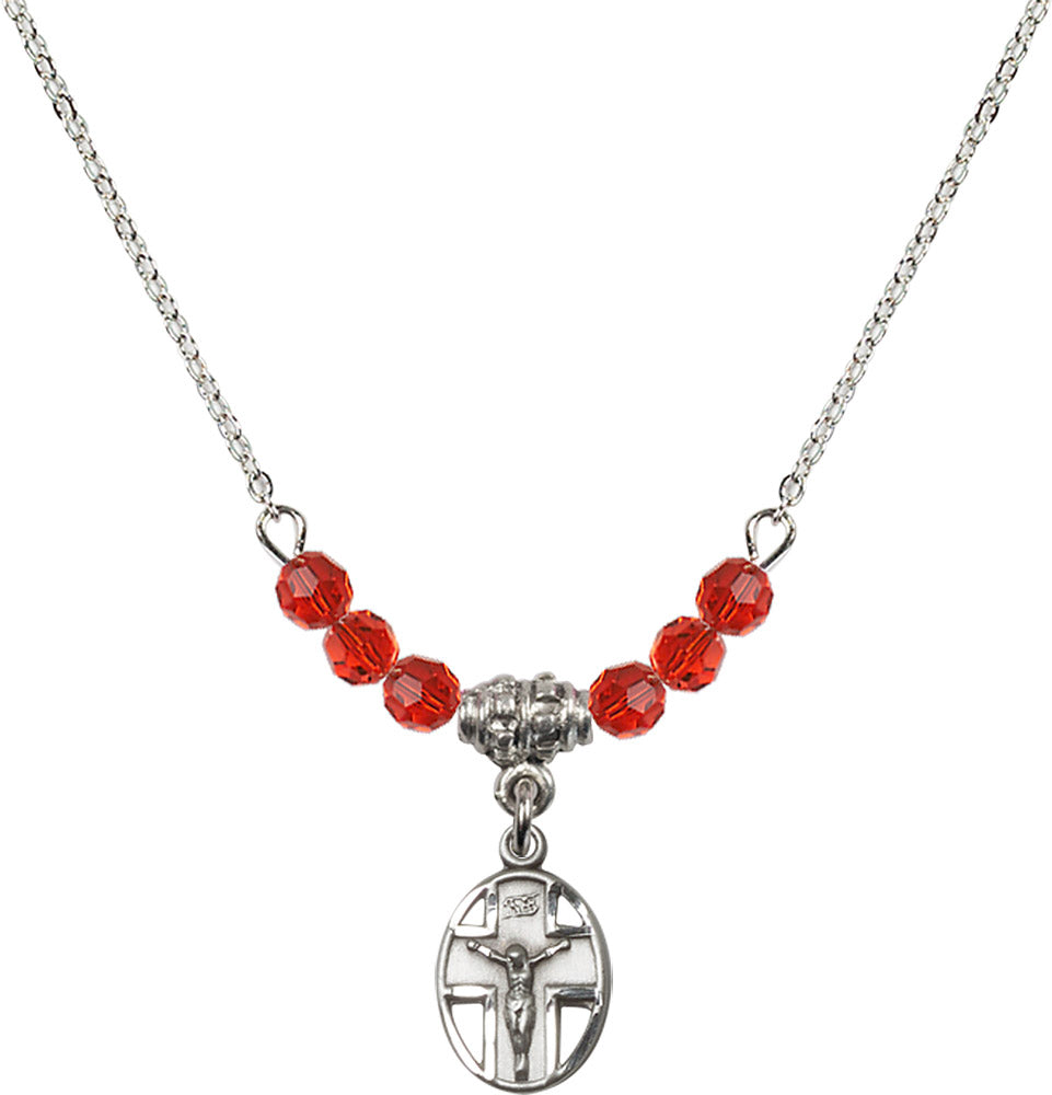 Sterling Silver Crucifix Birthstone Necklace with Ruby Beads - 0978
