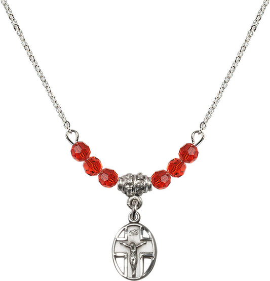 Sterling Silver Crucifix Birthstone Necklace with Ruby Beads - 0978