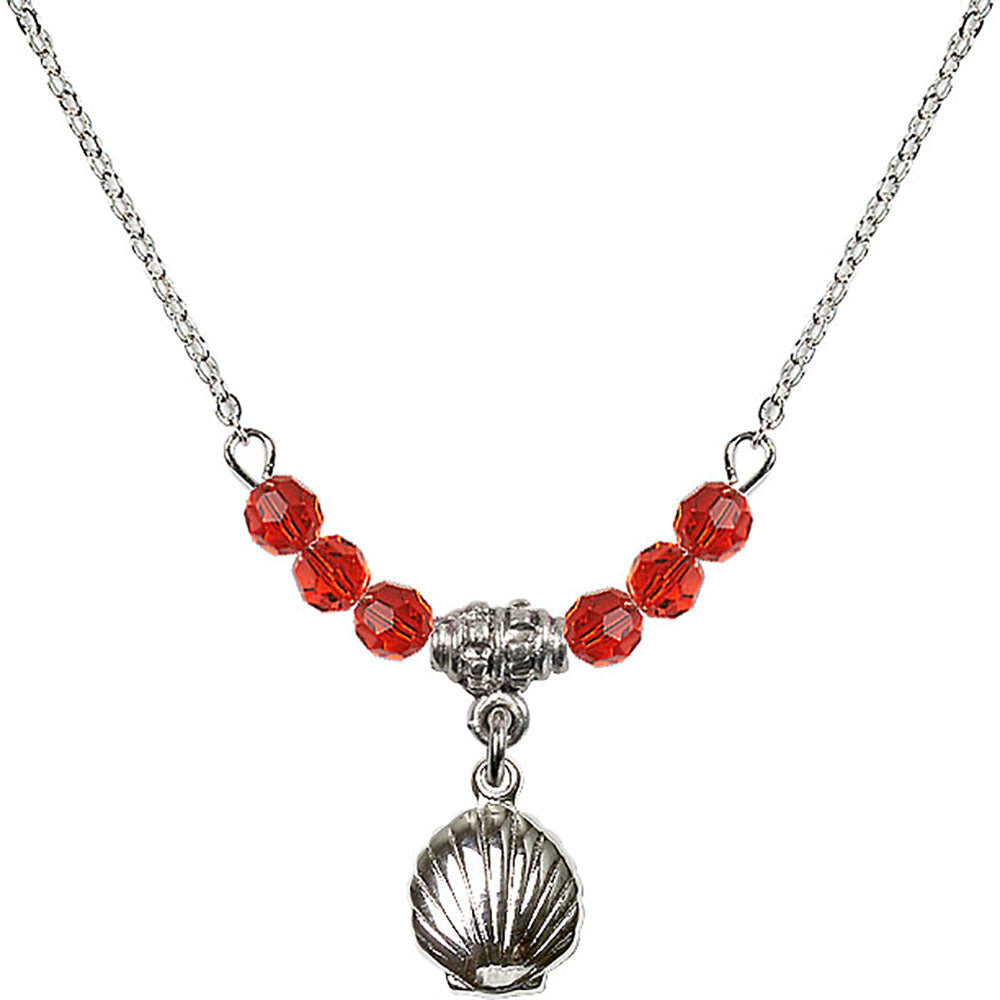 Sterling Silver Shell Birthstone Necklace with Ruby Beads - 1260