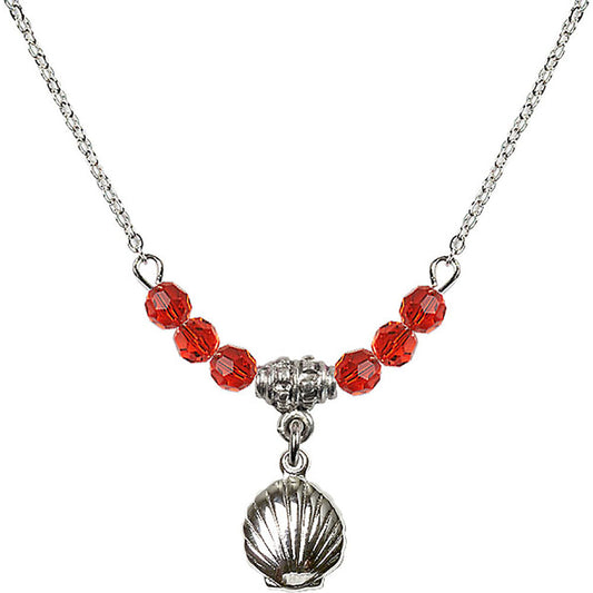 Sterling Silver Shell Birthstone Necklace with Ruby Beads - 1260