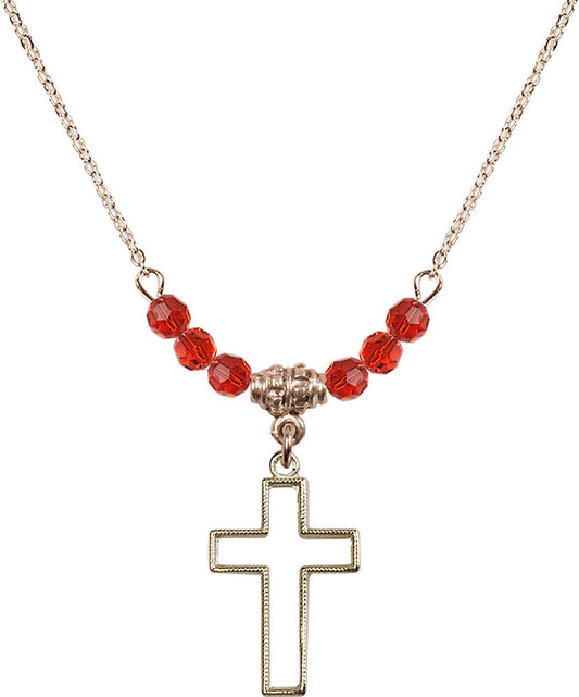14kt Gold Filled Cross Birthstone Necklace with Ruby Beads - 1708